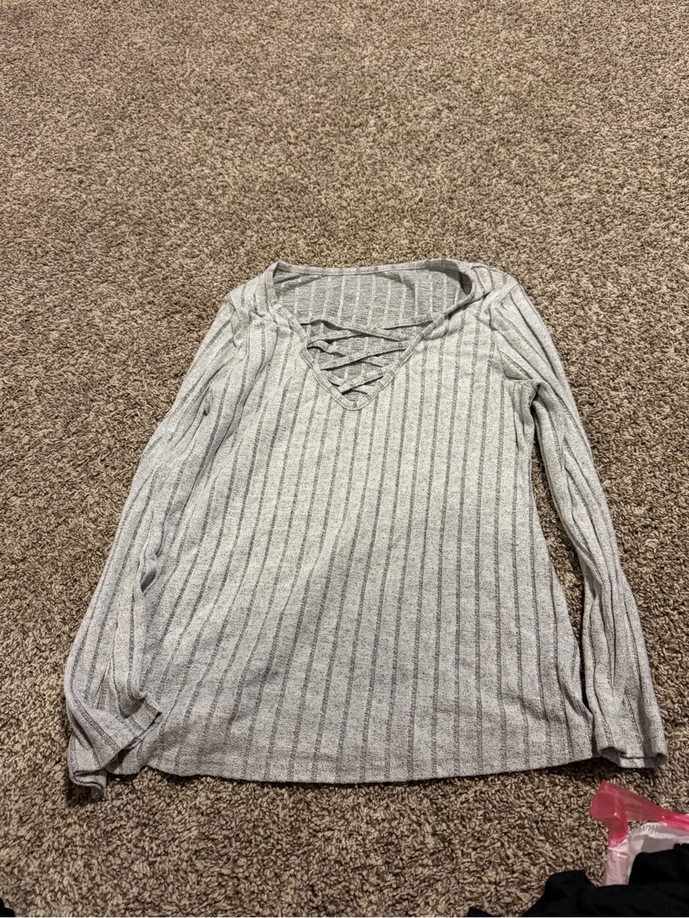 Women's Light Gray Ribbed Lace-Up Long Sleeve Top